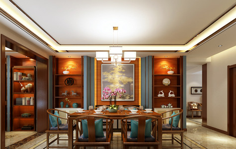 丽彩溪岸庄园四居室160平米新中式效果图-鲁班装饰设计师潘磊主笔