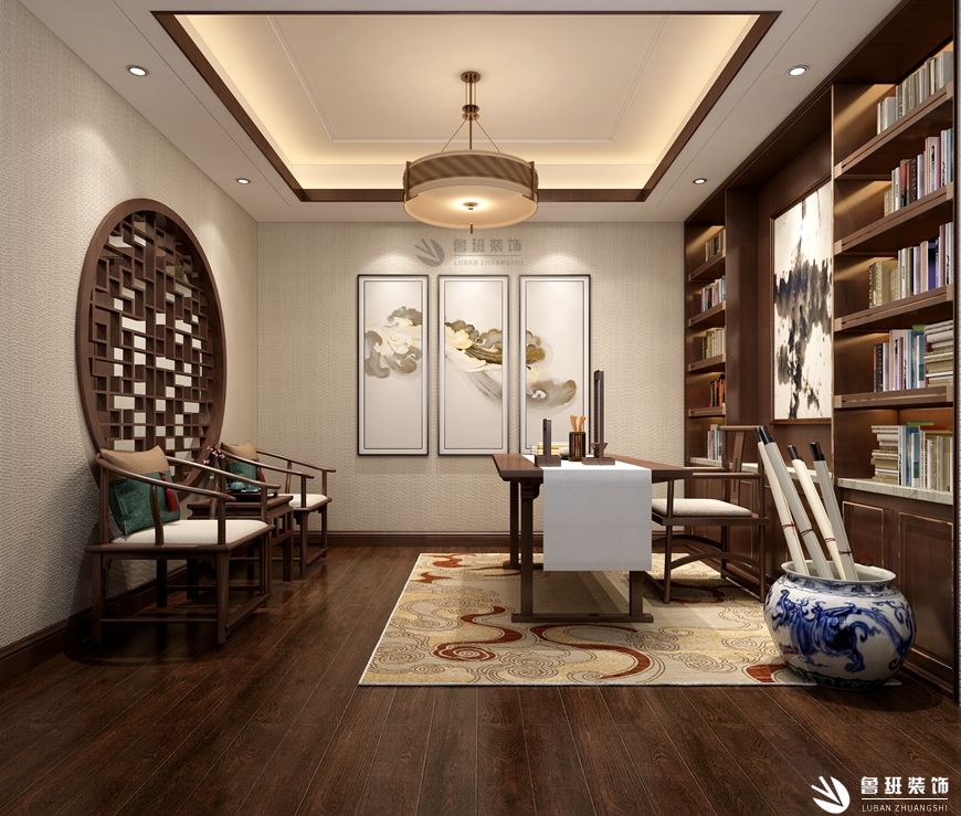 中海长安府,新中式风格效果图,书房设计