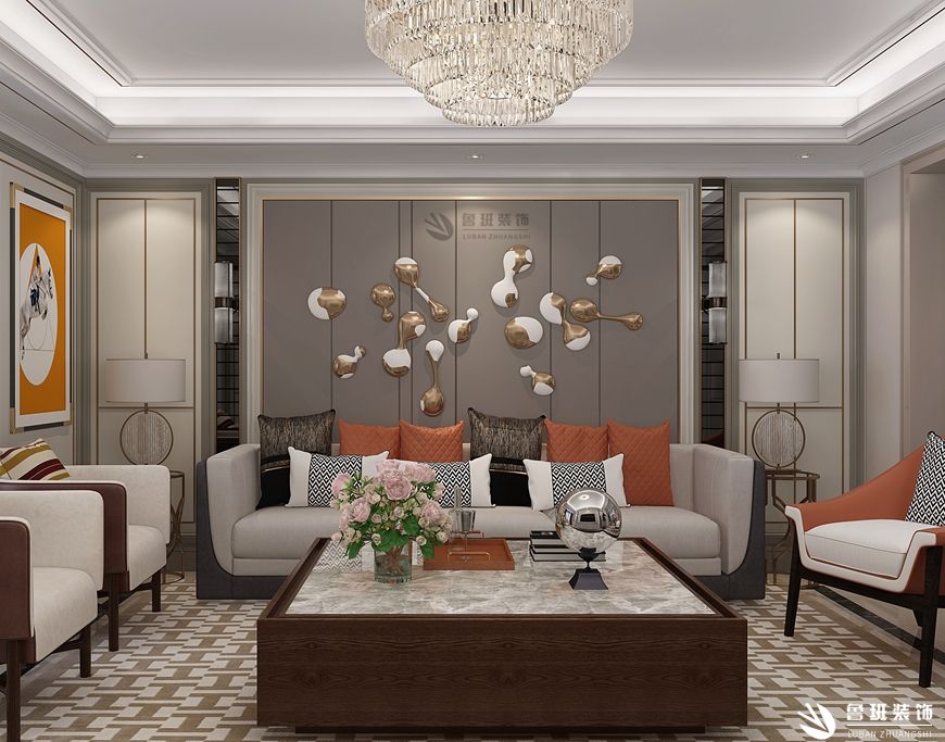国金华府,现代轻奢风格效果图,客厅沙发背景墙设计