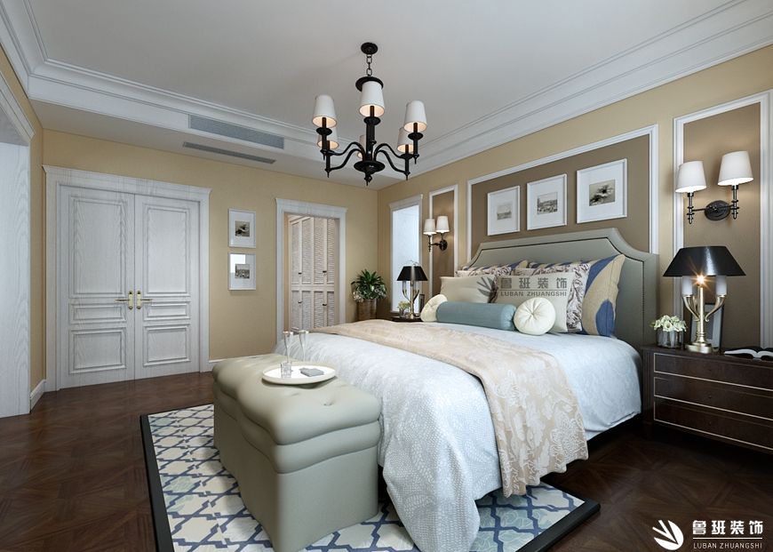 绿城玉园,简美式风格效果图,卧室设计